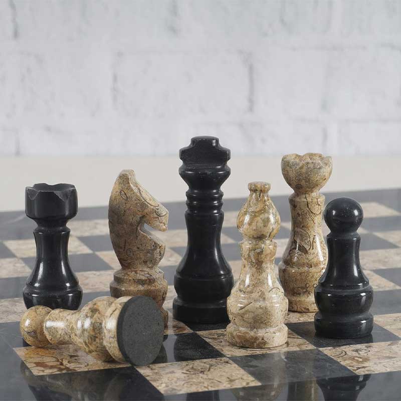 Black and Fossil Coral 15" High Quality Marble Chess Set